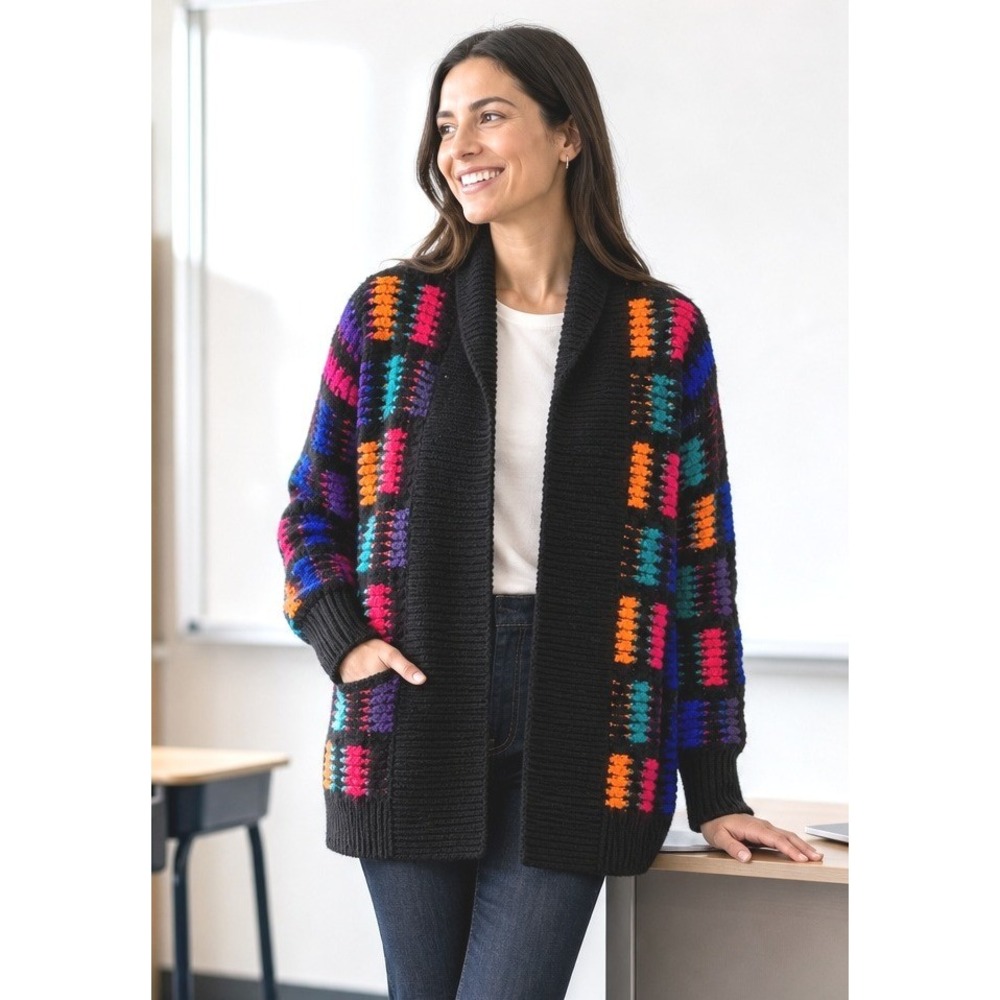 Accent On You Vintage Chunky Knit Cardigan Black Multi Color Geometric Sweater M